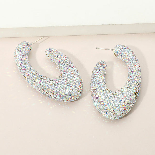 Madeline Love AB, Silver Sterling Silver Post Rhinestone Studded Oval Hoop Earrings