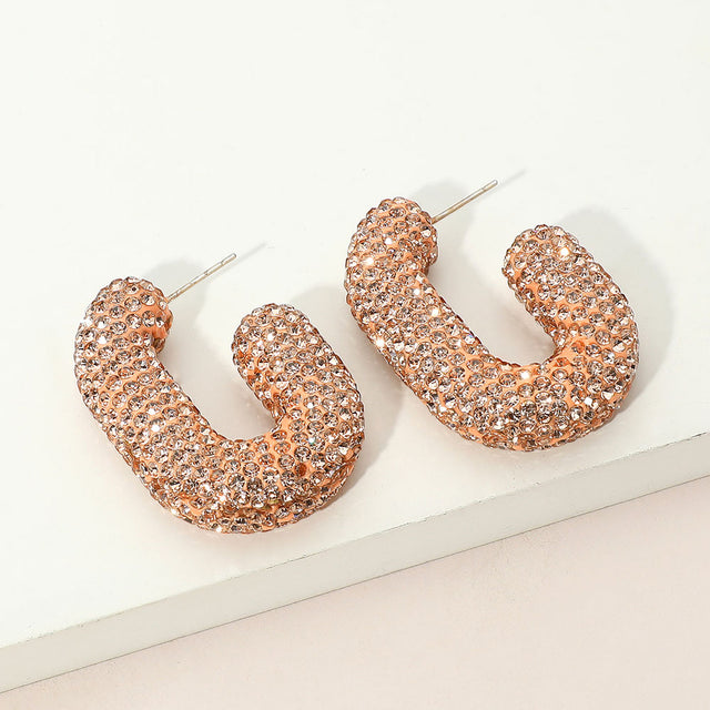 Madeline Love Peach, Silver Sterling Silver Post Rhinestone Studded Chunky Oval Hoop Earrings