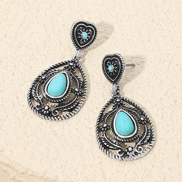 Madeline Love Silver Burnished, Turquoise Vintage Teardrop Turquoise Stone Accent Dangle Earrings