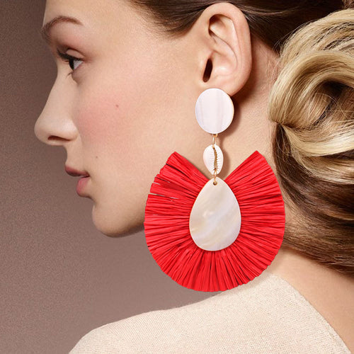 Puka Shell Mother of Pearl Teardrop Raffia Trimmed Dangle Earrings - Red
