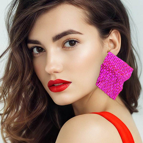 Bold Bling Studded Abstract Plate Earrings - Fuchsia