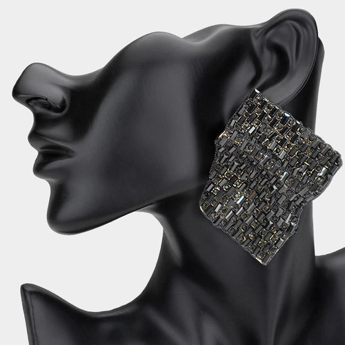 Bold Bling Studded Abstract Plate Earrings - Jet Black