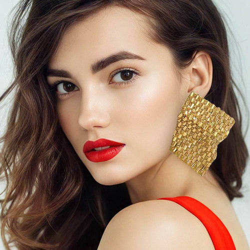 Bold Bling Studded Abstract Plate Earrings - Lt Col Topaz