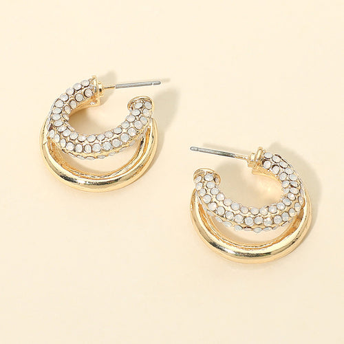 Rhinestone Embellished Split Metal Hoop Earrings - Gold, White