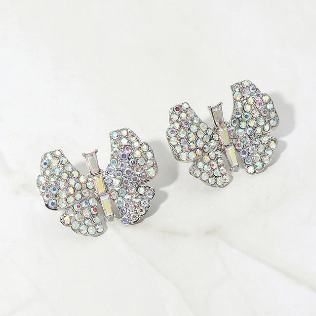 Madeline Love AB, Silver Rhinestone Studded Butterfly Statement Earrings