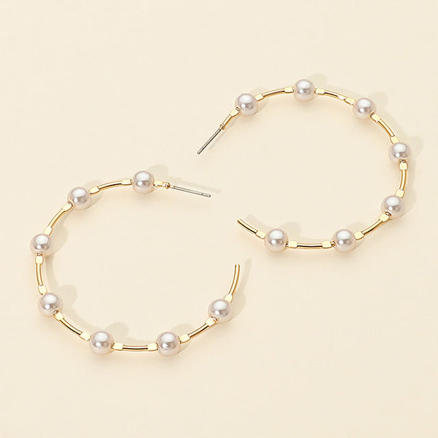 Madeline Love Cream, Gold Pearl Beaded Open Hoop Statement Earrings
