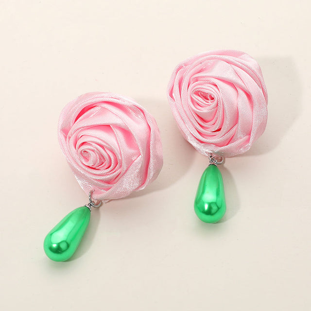 Madeline Love Pink Teardrop Pearl Dangle Satin Rose Earrings