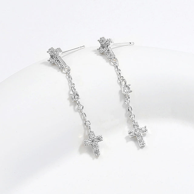 Madeline Love Clear, Rhodium Stone Paved Cross Link Dropdown Brass Earrings