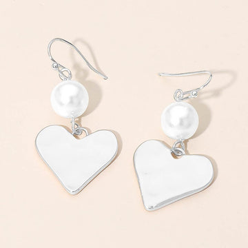 Madeline Love Silver Matte Hammered Metal Heart Pearl Link Drop Earrings