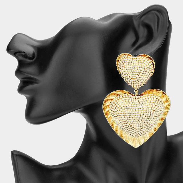 Madeline Love Clear, Gold Oversized Stone Paved Heart Dangle Earrings