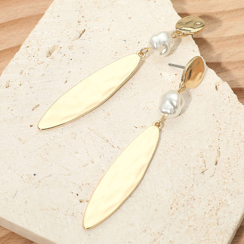 Pearl Accent Hammered Slim Oval Plate Link Drop Statement Earrings - GDPR