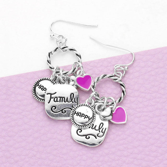 Madeline Love Antique Silver Braided Open Circle Happy Family Enamel Heart Dangle Earrings