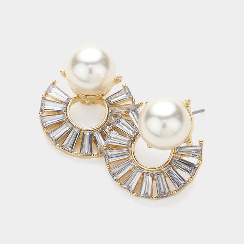 Pearl Pointed Glass Stone Embellished Abstract Earrings - Cream, Gold