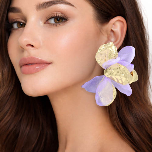 Oversized Sculpted Floral Petal Earrings - Gold, Light, Purple
