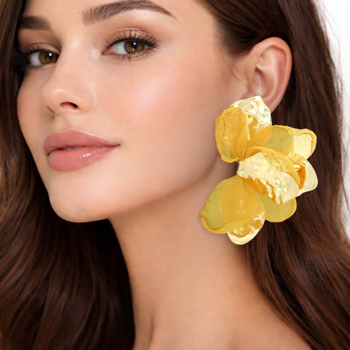 Oversized Sculpted Floral Petal Earrings - Gold, Mustard