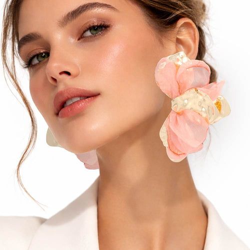 Oversized Sculpted Floral Petal Earrings - Gold, Peach