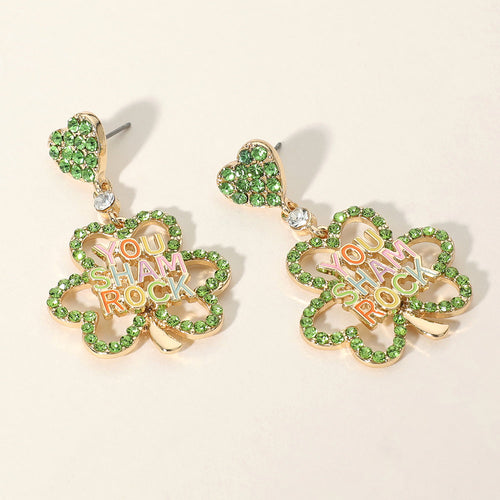 YOU SHAMROCK Message Pointed Stone Paved Shamrock Dangle Earrings - Gold, Green