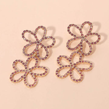 Madeline Love Gold, Pink Stone Paved Open Flower Link Earrings