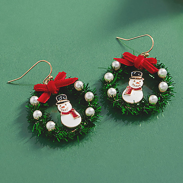 Gold, Enamel Snowman Christmas Wreath Dangle Earrings