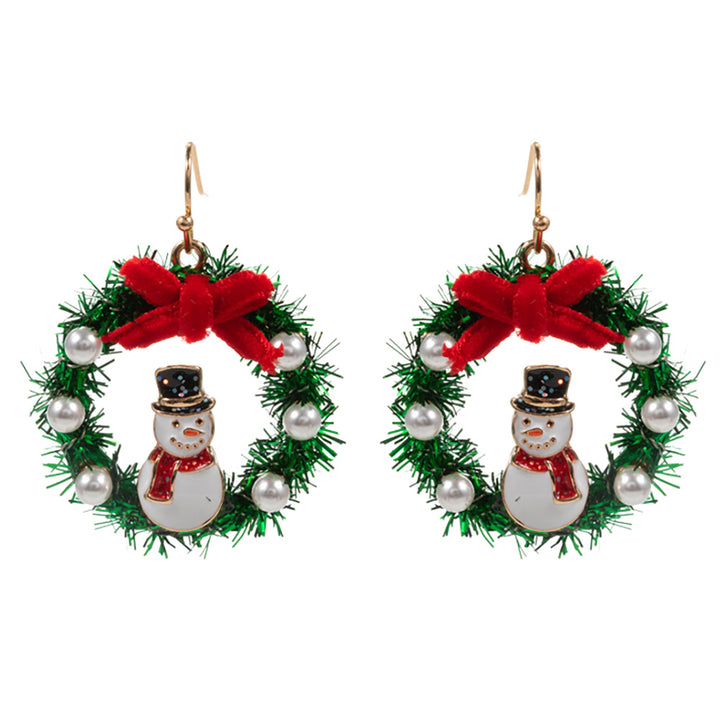 Gold, Enamel Snowman Christmas Wreath Dangle Earrings