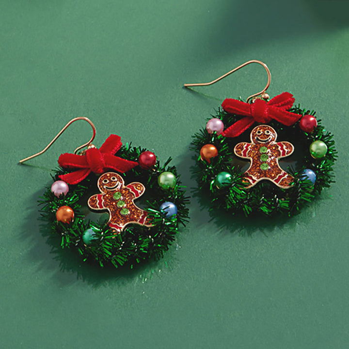 Gold, Enamel Gingerbread Christmas Wreath Dangle Earrings