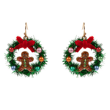 Gold, Enamel Gingerbread Christmas Wreath Dangle Earrings