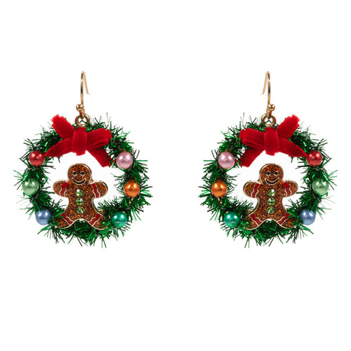 Enamel Gingerbread Christmas Wreath Dangle Earrings - Gold