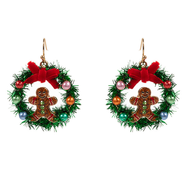 Gold, Enamel Gingerbread Christmas Wreath Dangle Earrings