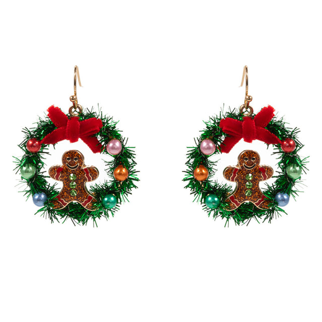 Gold, Enamel Gingerbread Christmas Wreath Dangle Earrings