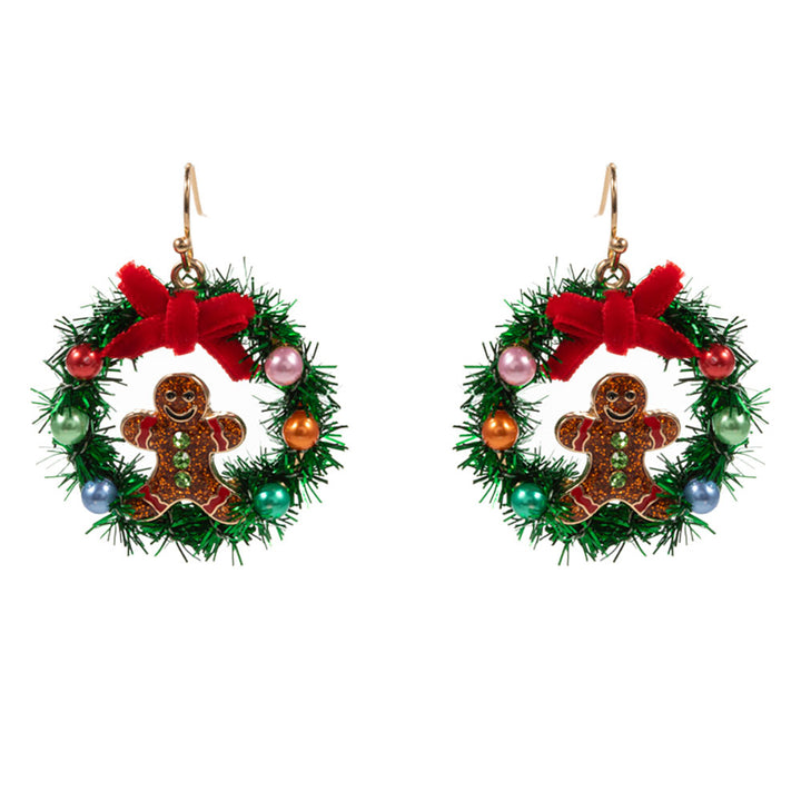 Gold, Enamel Gingerbread Christmas Wreath Dangle Earrings