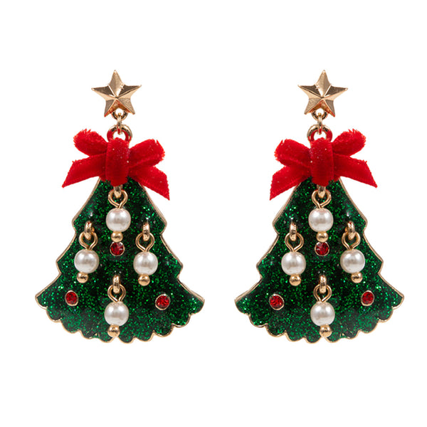 Green Glittered Enamel Christmas Tree Dangle Earrings