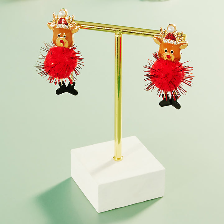 Gold, Enamel Rudolph Pom Pom Dangle Earrings
