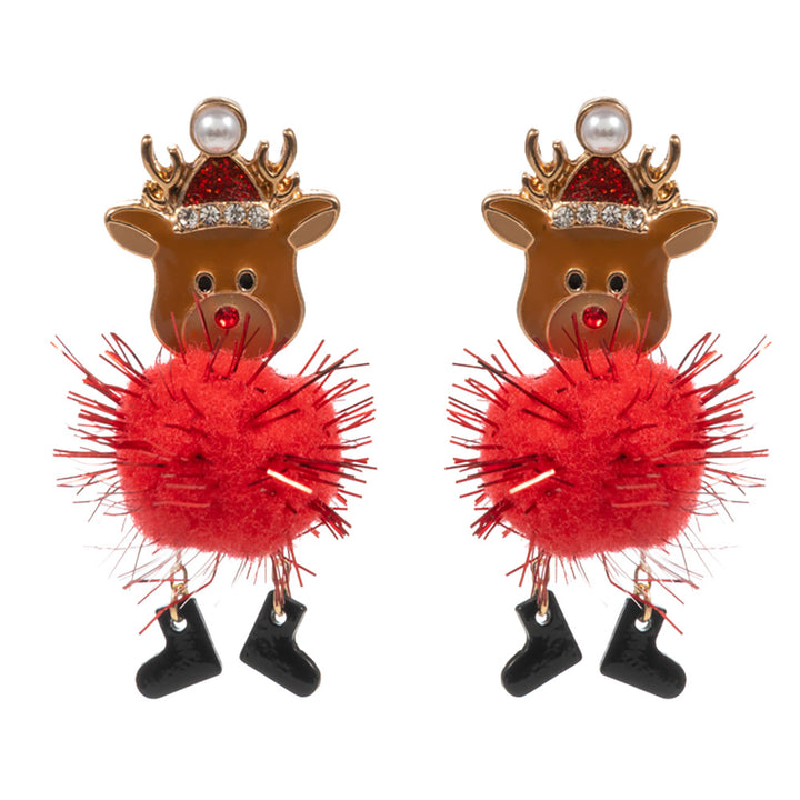 Gold, Enamel Rudolph Pom Pom Dangle Earrings
