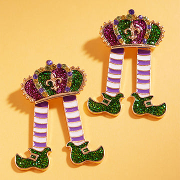 Multi, Purple Mardi Gras Glitter Enamel Crown Shoe Earrings