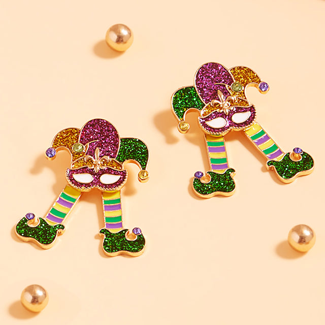 Multi Glittered Enamel Mardi Gras Jester Earrings
