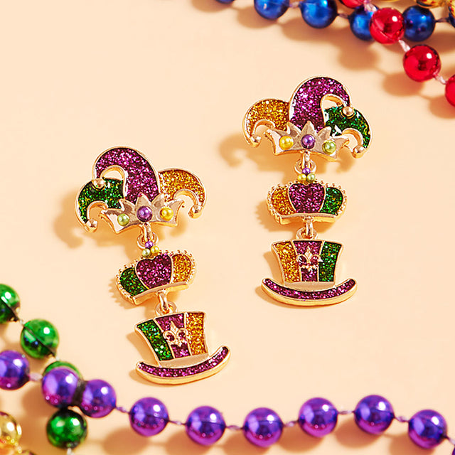 Gold Glittered Enamel Mardi Gras Jester Hat Link Dropdown Dangle Earrings