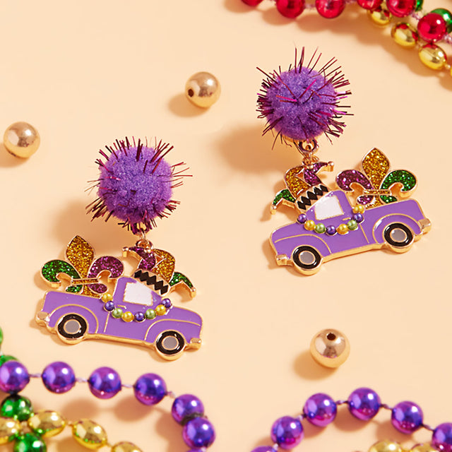 Gold Glittered Enamel Mardi Gras Truck Dangle Pom Earrings