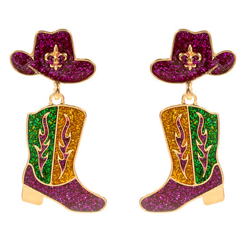 Gold Enamel Glitter Mardi Gras Western Hat Boot Drop Dangle Earrings