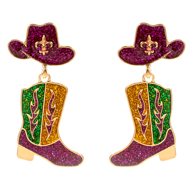 Gold Enamel Glitter Mardi Gras Western Hat Boot Drop Dangle Earrings