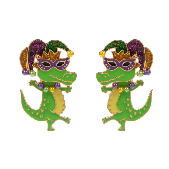 Gold Glittered Enamel Mardi Gras Alligator Earrings