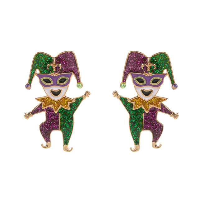 Gold Glittered Enamel Mardi Gras Jester Earrings