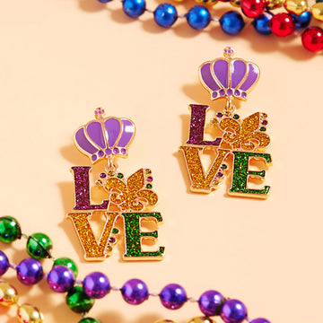 Gold Glittered Enamel Mardi Gras LOVE Message Dangle Earrings