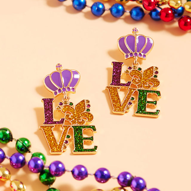 Gold Glittered Enamel Mardi Gras LOVE Message Dangle Earrings