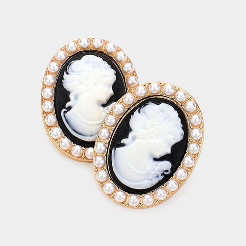 Pearl Embellished Cameo Stud Earrings - Black