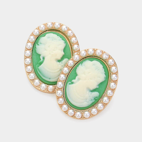 Pearl Embellished Cameo Stud Earrings - Green