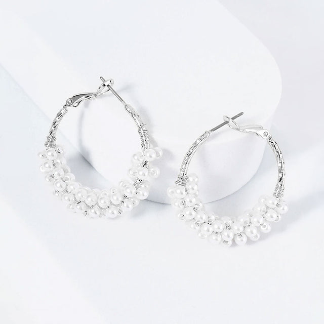 Madeline Love Rhodium Rhodium Plated Hypoallergenic Pearl Cluster Beaded Hoop Earrings