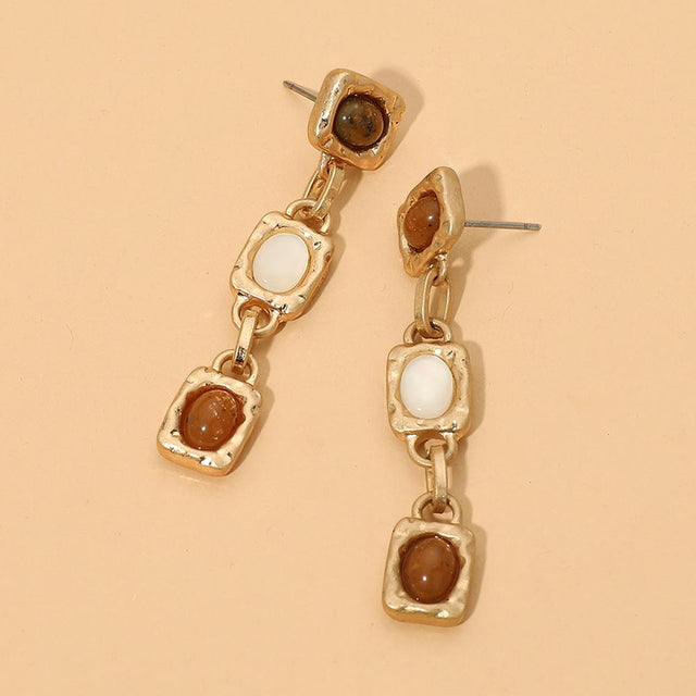 Madeline Love Mother of Pearl, Worn Gold Organic Geometric Resin Cabochon Frame Link Drop Statement Earrings