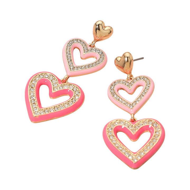 Gold Pink Rhinestone Paved Enamel Open Double Heart Link Drop Earrings