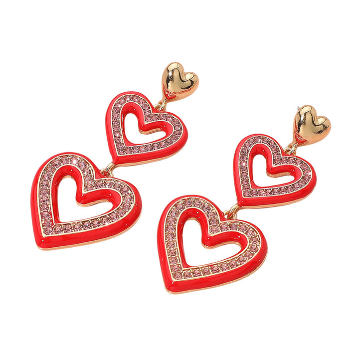 Gold Red Rhinestone Paved Enamel Open Double Heart Link Drop Earrings