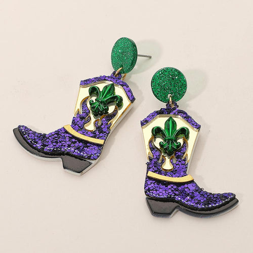 Women's Sequin Resin Mardi Gras Cowboy Boot Dangle Earrings - Multi